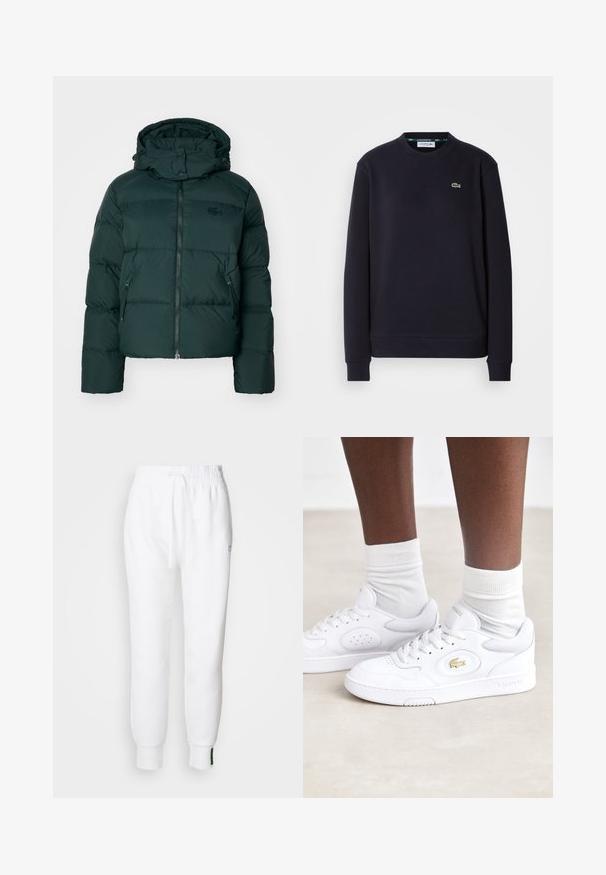 Grøn pufferjakke med høj krave, lynlås foran og sidelommer. Har et diskret mærke logo på brystet og en hætte.; Simpel sort langærmet Lacoste sweatshirt med rund hals og broderet grønt krokodillelogo på venstre bryst mod hvid baggrund.; Hvide joggerbukser med elastisk talje og snøre, der har sidelommer og ribbet manchetter. Blødt stof med broderet logodetalje.; Hvide lædersneakers fra Lacoste med perforerede sidepaneler, guld logoaccent og struktureret hvid gummisål. Sammen med hvide sokker.