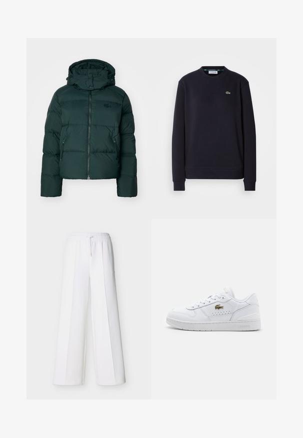 Groene pufferjack met een hoge kraag, ritssluiting aan de voorkant en zijzakken. Heeft een subtiele merklong op de borst en een capuchon.; Effen zwarte lange mouwen Lacoste crewneck sweatshirt met geborduurd groen krokodillenlogo op de linkerkant van de borst tegen een witte achtergrond.; Witte, wijdvallende broek met elastische tailleband en trekkoord. Gemaakt van zachte stof met verticale naden voor een op maat gemaakte uitstraling.; Witte leren sneakers met een gladde afwerking, ronde neus, geperforeerde zijkant voor ademend vermogen en een gouden Lacoste-logo aan de buitenzijde.