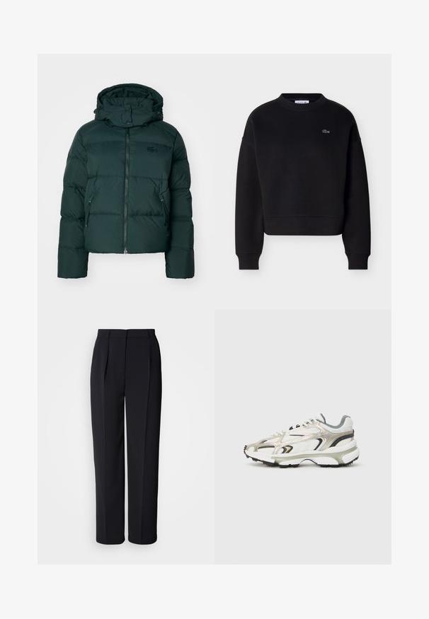Doudoune verte avec un col montant, fermeture éclair à l'avant et poches latérales. Présente un logo de marque discret sur la poitrine et une capuche.; Sweat-shirt noir à col ras du cou avec manches longues et petit logo crocodile Lacoste brodé en blanc sur le côté gauche de la poitrine.; Pantalon droit noir sur mesure avec plis sur le devant, passants pour ceinture et fermeture éclair dissimulée sur un fond blanc.; Baskets volumineuses en blanc, gris et argent métallique avec des panneaux texturés. Comprend une épaisse semelle en caoutchouc noir et un design d'overlay distinctif.