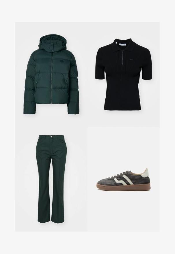Grøn pufferjakke med høj krave, lynlås foran og sidelommer. Har et diskret mærke logo på brystet og en hætte.; Sort ribbet polo shirt med korte ærmer, lynlås krave og en diskret logo detalje. Lavet af tekstureret strikmateriale.; Grønne, flagrende bukser lavet af et glat, struktureret stof. Har en frontknaplukning, bæltestropper og to sidelommer.; Grå corduroy lav-sneaker med hvide sidestriber, beige hælflap, hvide snørebånd og brun gummisål.