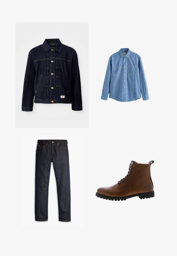 Mørkeblå denimjakke med klassisk design, gyldne knapper, to forlommer og synlige syningsdetaljer. Blød tekstur og struktureret form.; Langærmet blå chambray-skjorte med knaplukning foran og to brystlommer, lagt fladt på en hvid baggrund.; Mørkeblå denimjeans med lige pasform, fem-lomme design, kobbernitter, gul syning og et markant struktureret stof.; Brune læder ankelstøvler med tekstureret overflade, metaløjer og sort gummisål. Har en træktab bagpå for nem påtagning.