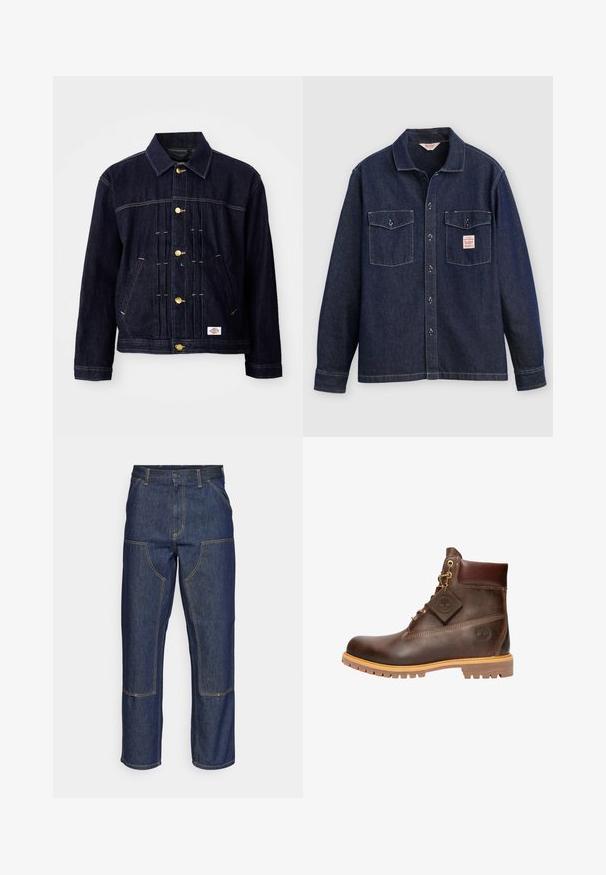 Mørkeblå denimjakke med klassisk design, gyldne knapper, to forlommer og synlige syningsdetaljer. Blød tekstur og struktureret form.; Mørk denimskjorte med krave, to brystlommer og knaplukning foran. Har kontrastsyninger og en label på venstre lomme.; Mørkeblå denim jeans med høj talje, lige ben-design, kontrastsyninger og lappelommer foran.; Brun læder ankelstøvle med rund tå, solid sål, hardware i guldtone og en tekstureret overdel. Inkluderer et logo-tagfæstet.