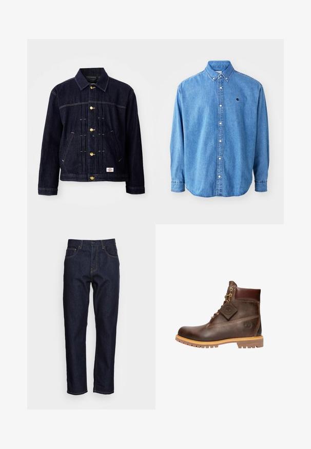 Mørkeblå denimjakke med klassisk design, gyldne knapper, to forlommer og synlige syningsdetaljer. Blød tekstur og struktureret form.; Denim button-down skjorte, lyseblå i farven, med krave, lange ærmer og et lille logo på brystet. Har hvide knapper og syninger.; Mørkeblå denimjeans med lige pasform, fem lommer og kontrasterende gul syning. Designet med en klassisk knap- og lynlåslukning.; Brun læder ankelstøvle med rund tå, solid sål, hardware i guldtone og en tekstureret overdel. Inkluderer et logo-tagfæstet.