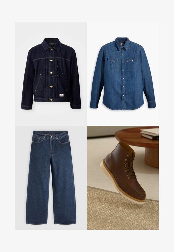 Mørkeblå denimjakke med klassisk design, gyldne knapper, to forlommer og synlige syningsdetaljer. Blød tekstur og struktureret form.; Denim skjorte i mørkeblå med lange ærmer, spids krave og trykknapper. Har to brystlommer med klapper og kontrastsying.; Mørkeblå vidde jeans med forlommer, knaplukning og bæltestropper, lagt fladt på en lys baggrund.; Brune læderankelstøvle med beige sål på et struktureret beige tæppe ved siden af et rundt træbord med stakke af bøger.