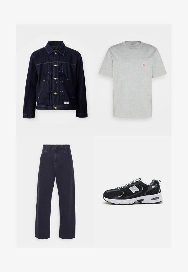 Mørkeblå denimjakke med klassisk design, gyldne knapper, to forlommer og synlige syningsdetaljer. Blød tekstur og struktureret form.; Grå bomulds T-shirt med korte ærmer og rund halsudskæring. Har en lomme på venstre bryst og et lille mærkelogo i orange på lommen.; Mørk vaske denim jeans med en bred ben silhuet, høj talje og fem-lomme design. Har en klassisk knap- og lynlåslukning.; Sorte og grå sportssko med mesh og ruskind på overdelen, der har en hvid mellemsål, snørebånd og et iøjnefaldende "N" logo på siden.