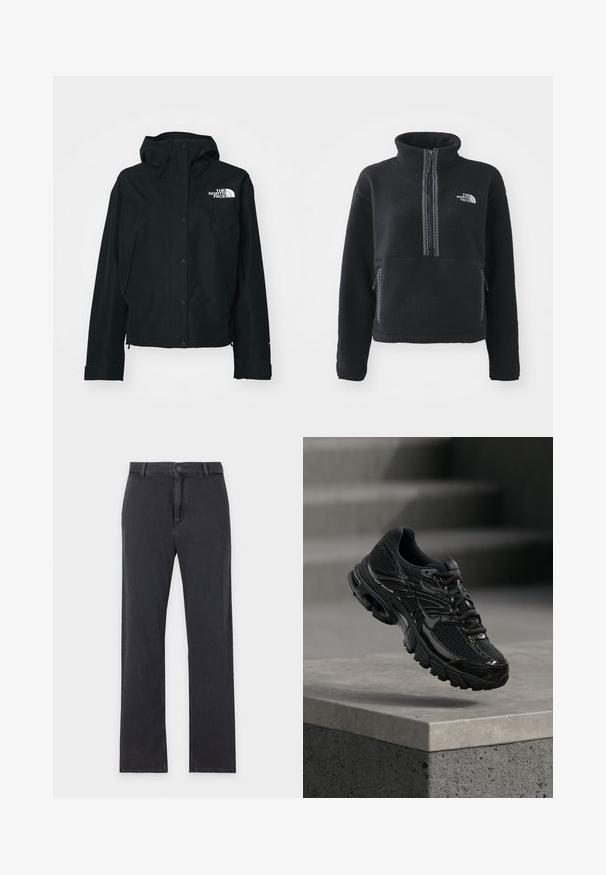 Chaqueta negra impermeable con capucha, que cuenta con botones de presión, puños elásticos y un logo blanco en la parte superior izquierda. Textura suave.; Sudadera de polar negra con cuello alto, cremallera hasta el cuarto, bolsillo delantero y costuras de contraste. Presenta el logotipo de The North Face en el pecho.; Vaqueros negros de pierna recta con cierre frontal de botón y cremallera, trabillas para cinturón y diseño clásico de cinco bolsillos, extendidos planos sobre fondo blanco.; Zapatilla de running negra de Nike con parte superior de malla y sintética flotando sobre una superficie de hormigón y escalones de fondo.