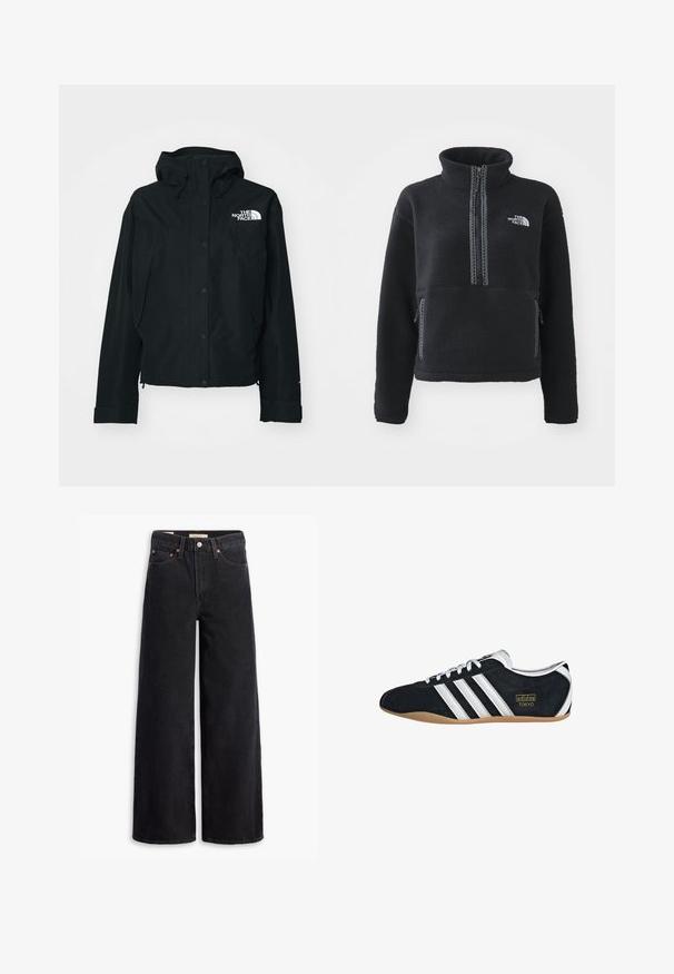 Sort vandtæt jakke med hætte, der har trykknapper, elastiske manchetter og et hvidt logo på den øverste venstre side. Glat tekstur.; Sort fleecepullover med høj krave, kvartlynlås, frontlomme og kontrastsyninger. Har The North Face-logo på brystet.; Sorte brede benjeans lavet af denim, med fem lommer, kobbernitter og en klassisk knaplukning. Glat tekstur med et rent design.; Sort ruskinds sneaker med hvide tre striber, guldlogo og en brun gummisål. Har et lavprofil snørebåndsdesign.