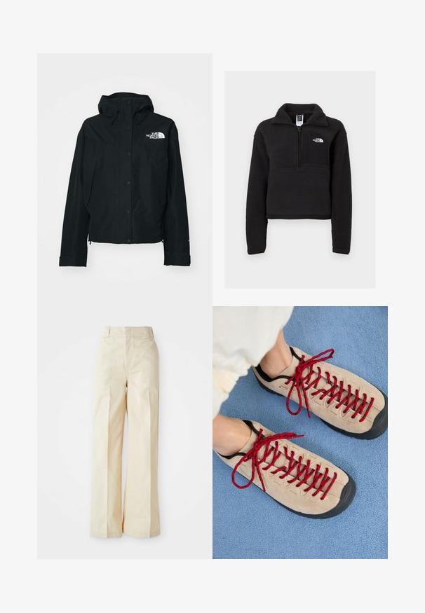 Must värvitu veekindel jakk kapuutsiga, millel on nööbid, elastsed varrukad ja valge logo vasakul ülal. Sile tekstuur.; Must mustriga pullover, millel on veerandi tõmblukk, kõrge krae ja rinnaeelik, millel on valge logo. Pehme tekstuur ja lühendatud disain.; Beez värvi laiad püksid kõrge vöökohaga, sujuva kangaga ja korralikult pressitud eesrihmadega, valge ühtlase tausta ees.; Beezhikirid punased nööridega, paigutatud sinisele tekstureeritud pinnale, osaliselt paljastavad inimese pahkluu. Kingad on sportliku disainiga.