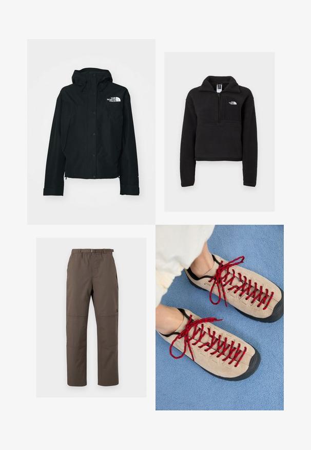 Čierna nepremokavá bunda s kapucňou, so zacvakávacími gombíkmi, elastickými manžetami a bielym logom na hornej ľavej strane. Hladká textúra.; Čierny fleece pulóver s kvartovým zipsom, vysokým golierom a hrudným vreckom so bielym logom. Mäkká textúra a skrátený strih.; Hnedé vonkajšie nohavice s elastickým pásom a nastaviteľným opaskom. Obsahujú panelové švy a rovný strih. Odolná tkanina.; Béžové topánky s červenými šnúrkami sú položené na modrej textúrovanej ploche, pričom čiastočne odhaľujú členok osoby. Topánky majú športový dizajn.
