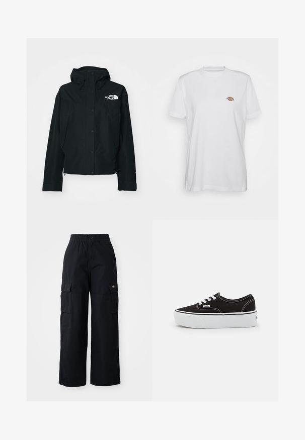 Zwarte waterdichte jas met capuchon, voorzien van drukknoopsluiting, elastische manchetten en een wit logo op de bovenste linkerzijde. Glad textuur.; Witte katoenen t-shirt met een ronde hals en korte mouwen, voorzien van een klein, kleurrijk "Diesel" logo geborduurd op de borst.; Zwarte cargobroek met een elastische tailleband en een knop. Heeft twee grote zijzakken en een logo patch op het linkerpijp. Wijde pijpdesign.; Zwarte canvas sneaker met een witte rubberen platformzool, voorzien van witte veters en stiksels, iconische branding op de zijkant, low-top ontwerp.