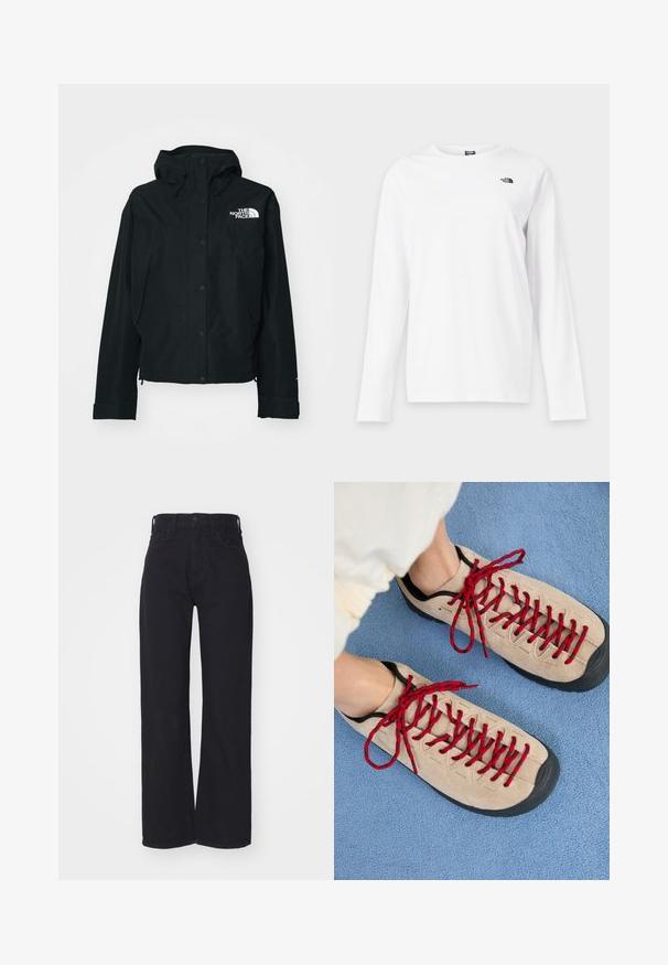 Chaqueta negra impermeable con capucha, que cuenta con botones de presión, puños elásticos y un logo blanco en la parte superior izquierda. Textura suave.; Camiseta blanca de manga larga con cuello redondo y pequeño logo negro de The North Face en el lado izquierdo del pecho.; Vaqueros amplios de talle alto en negro, con cierre frontal de botón y cremallera, trabillas para cinturón y dos bolsillos frontales, sobre un fondo blanco.; Zapatos beiges con cordones rojos, colocados sobre una superficie texturizada azul, que revelan parcialmente el tobillo de una persona. Los zapatos tienen un diseño deportivo.