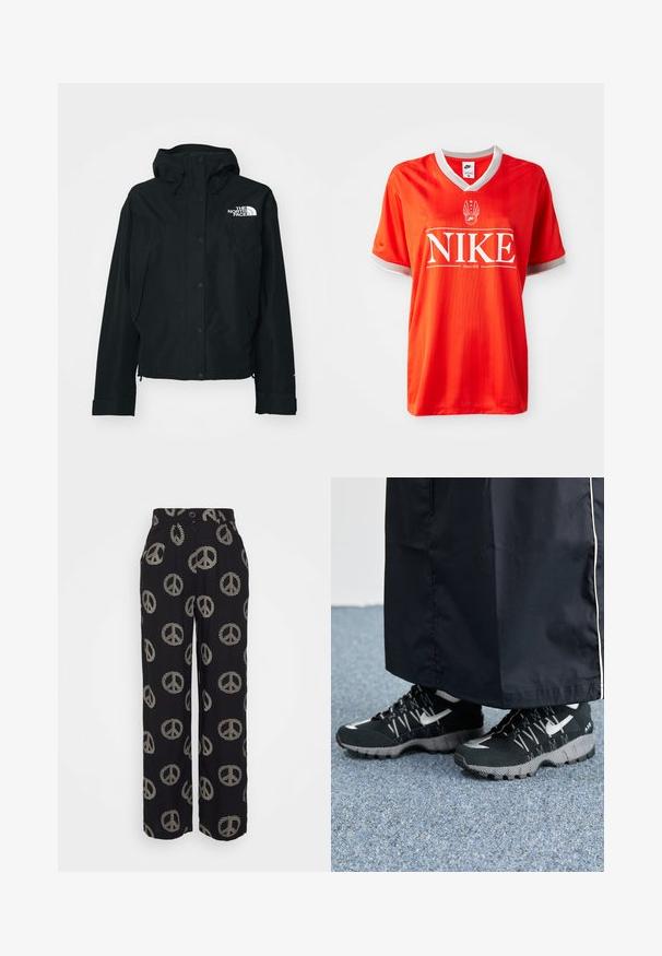 Veste imperméable noire avec capuche, dotée de boutons-pression, de poignets élastiques et d'un logo blanc sur le côté supérieur gauche. Texture lisse.; Maillot Nike rouge avec un col en V, bord gris sur les manches, et un grand logo "NIKE" blanc. Tissu lisse et léger avec un motif rayé subtil.; Pantalons larges noirs avec des motifs de signe de paix beige, dotés d'une fermeture à bouton et d'un design plissé à l'avant. Texture de tissu lisse.; Des chaussures de sport noires avec un dessus texturé, des accents argentés et une semelle extérieure à motifs, associées à un long vêtement noir. Présentées sur un tapis bleu.