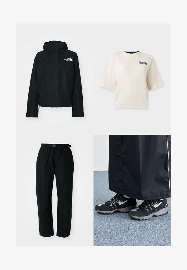 Sort vandtæt jakke med hætte, der har trykknapper, elastiske manchetter og et hvidt logo på den øverste venstre side. Glat tekstur.; Hvid T-shirt med korte ærmer med en lille blå The North Face-logo på øverste venstre bryst.; Sorte letvægtsbukser med elastisk talje og justerbart bælte. Har tapered ben og forstærkede knæpaneler for holdbarhed.; Sorte sportsko med en struktureret overdel, sølvdetaljer og en mønstret ydersål, parret med et langt sort plagg. Sat mod blå tæpper.
