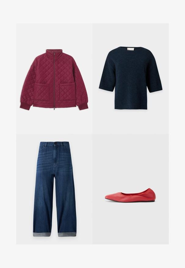 Veste matelassée bordeaux avec un col haut, fermeture éclair, deux poches avant et poignets élastiques. Présente un motif en losanges sur l'ensemble.; Pull en maille bleu marine foncé à manches courtes avec un col rond et un ourlet droit, présenté sur un fond clair uni.; Jean en denim bleu foncé à jambes larges avec ourlets retroussés, bouton avant et poches sur un fond clair.; Filippa K REY FLATS - Ballerines - bright red