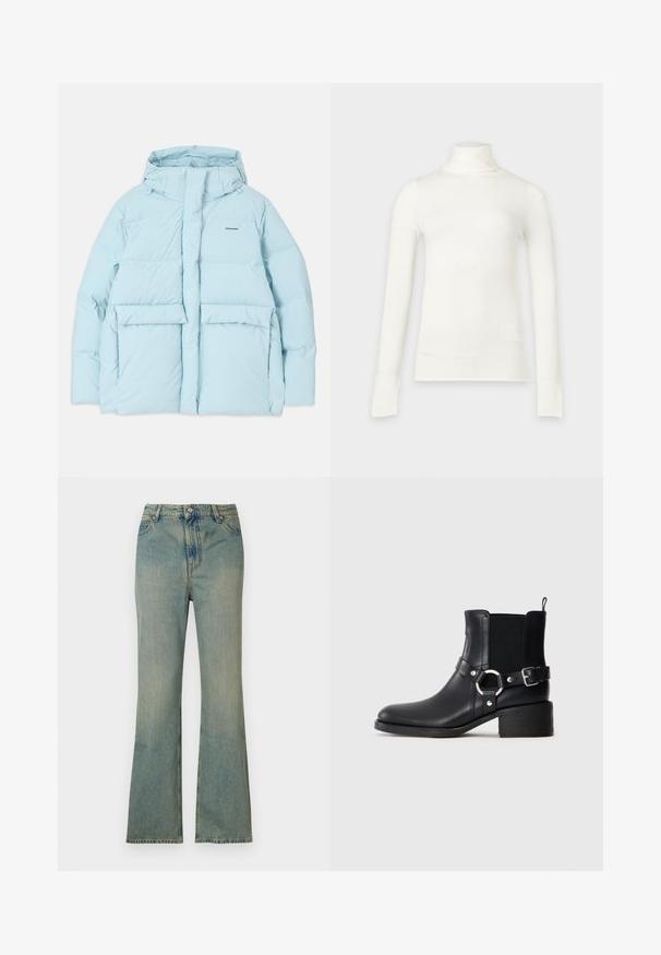 Lyseblå polstret jakke med hætte, der har en frontlynlås, to store forlommer og et lille logo på venstre bryst.; Hvid turtleneck-shirt med lange ærmer og slank pasform, vist mod en lysegrå baggrund.; Lysblå denim flare jeans med høj talje, fem lommer og lynlås. Ren, falmet finish med subtile syninger.; Sort læder ankelstøvle med sidespænde og ringdetalje, elastisk sideskærm, lav blokhæl og trækstrop på neutral baggrund.