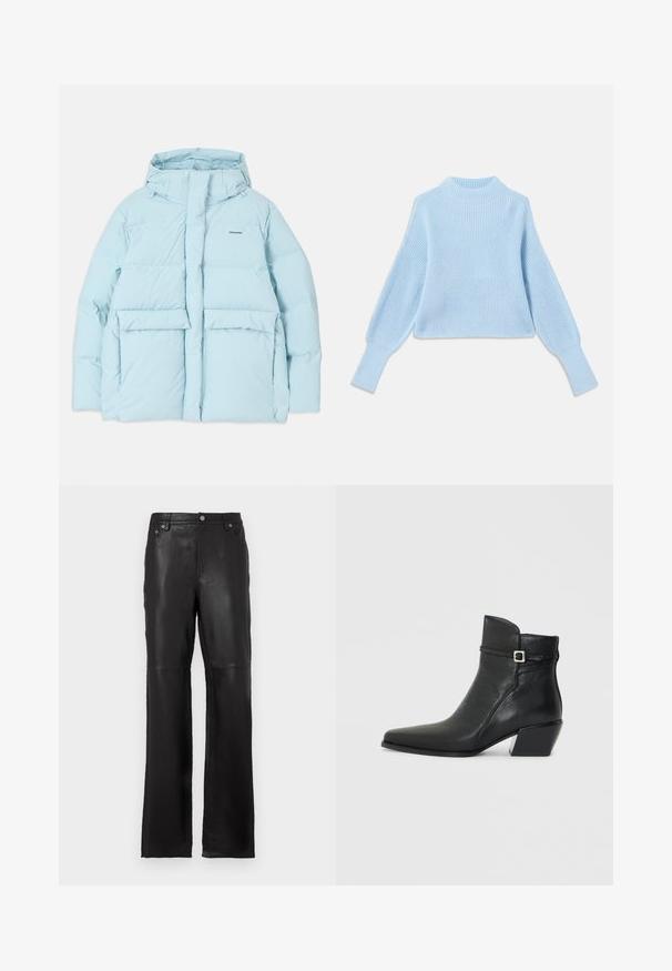 Veste rembourrée bleu clair avec une capuche, dotée d'une fermeture éclair sur le devant, de deux grandes poches avant et d'un petit logo sur la poitrine gauche.; Pull en maille bleu clair avec un col montant, texture côtelée et manches ballons, doté de poignets ajustés et d'un design court.; Pantalons en cuir noir au design droit, avec poches avant et accents de boutons métalliques. Texture lisse avec des coutures propres.; Bottines en cuir noir avec un bout pointu, un petit talon carré et une sangle décorative avec une boucle en argent. Texture lisse.