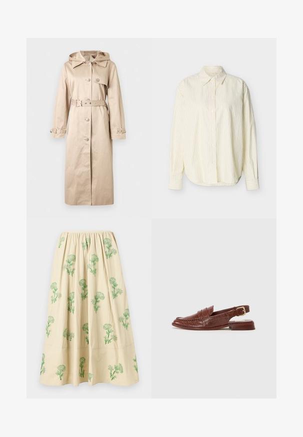 Trench-coat long beige avec capuche, fermeture à boutons, taille ceinturée et sangles ajustables aux poignets, présenté sur un fond uni.; Chemise à manches longues avec boutons, à fines rayures verticales noires sur fond crème, dotée d'un col classique et de poignets boutonnés.; Jupe midi beige avec taille froncée et broderie florale verte répartie sur le tissu.; Dolce Vita HARDI - Chaussons - brown