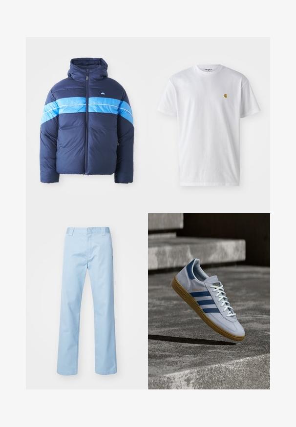 Veste matelassée bleu marine avec capuche, arborant deux bandes horizontales bleu clair sur la poitrine. Fermeture éclair et texture matelassée.; T-shirt en coton blanc à manches courtes, col rond, avec un petit logo doré sur la poitrine gauche. Texture douce et coupe régulière.; Pantalon droit bleu clair en tissu mélangé de coton. Présente une taille plate à l'avant, des poches latérales et aucun motif ou embellissement visible.; Baskets Adidas Spezial bleu clair avec des rayures bleu marine et une semelle en gomme, montrées en l'air au-dessus d'escaliers en béton dans un environnement extérieur neutre.