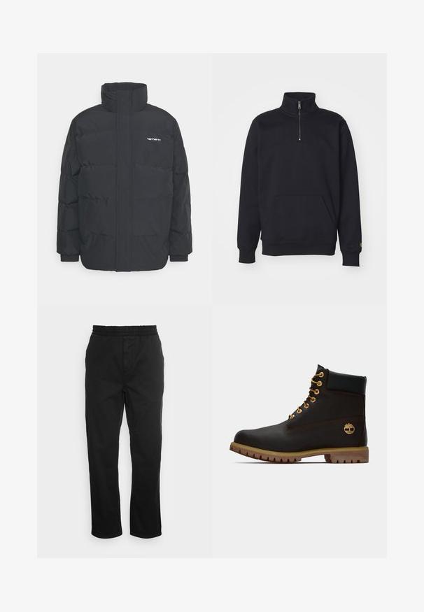 Zwarte pufferjas met een hoge kraag, rits aan de voorkant en elastische manchetten. Bevat een zak en een klein logo op de borst. Getextureerd oppervlak.; Zwarte fleece sweatshirt met een kwart rits, hoge kraag, geribde manchetten, een kangoeroezak en een kleine gouden logo-accent op de mouw.; Zwarte katoenen broeken met een elastische tailleband, rechte pijpen en zijzakken. Zachte textuur zonder patronen of accenten.; Zwarte leren enkellaars met gouden oogjes, bruine accenten en een rubberen zool. Heeft een gevoerde kraag en geperst logo aan de zijkant.