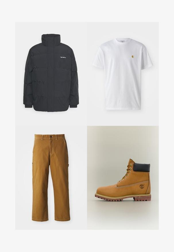 Zwarte pufferjas met een hoge kraag, rits aan de voorkant en elastische manchetten. Bevat een zak en een klein logo op de borst. Getextureerd oppervlak.; Witte katoenen t-shirt met korte mouwen en ronde hals, voorzien van een klein gouden logo op de linkerkant van de borst. Zachte textuur en een normale pasvorm.; Bruine katoenen broek met een rechte snit, versterkte stiksels en zijzakken. Beschikt over een knoopsluiting en riemlussen in de taille.; Bruine leren enkellaars met zwarte kraag, gele veters en een zandkleurige zool. Voorzien van een logo en witte stikseldetails. Robuuste loopzool met grip.