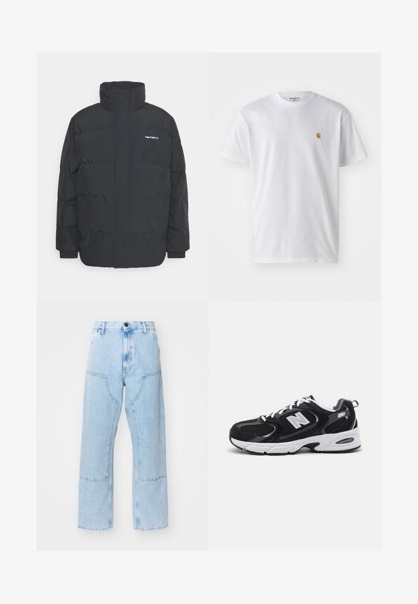 Zwarte pufferjas met een hoge kraag, rits aan de voorkant en elastische manchetten. Bevat een zak en een klein logo op de borst. Getextureerd oppervlak.; Witte katoenen t-shirt met korte mouwen en ronde hals, voorzien van een klein gouden logo op de linkerkant van de borst. Zachte textuur en een normale pasvorm.; Lichtblauwe, rechte denimjeans met grote voorkezen en contrasterende stiksels. De stof heeft een vervaagde, zachte textuur.; Zwarte en grijze sport schoenen met een bovenwerk van mesh en suede, voorzien van een witte tussenzool, veters en een gedurfde "N"-logo aan de zijkant.