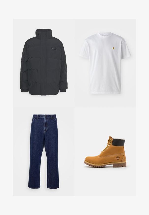 Zwarte pufferjas met een hoge kraag, rits aan de voorkant en elastische manchetten. Bevat een zak en een klein logo op de borst. Getextureerd oppervlak.; Witte katoenen t-shirt met korte mouwen en ronde hals, voorzien van een klein gouden logo op de linkerkant van de borst. Zachte textuur en een normale pasvorm.; Donkerblauwe denim jeans met een recht-uitlopende pasvorm, voorzien van een knoopsluiting, vijf zakken en subtiele stikseldetails.; Bruine leren enkellaars met metalen oogjes, witte faux bont voering, zwarte gewatteerde kraag, robuuste zool en een reliëflogo aan de zijkant.