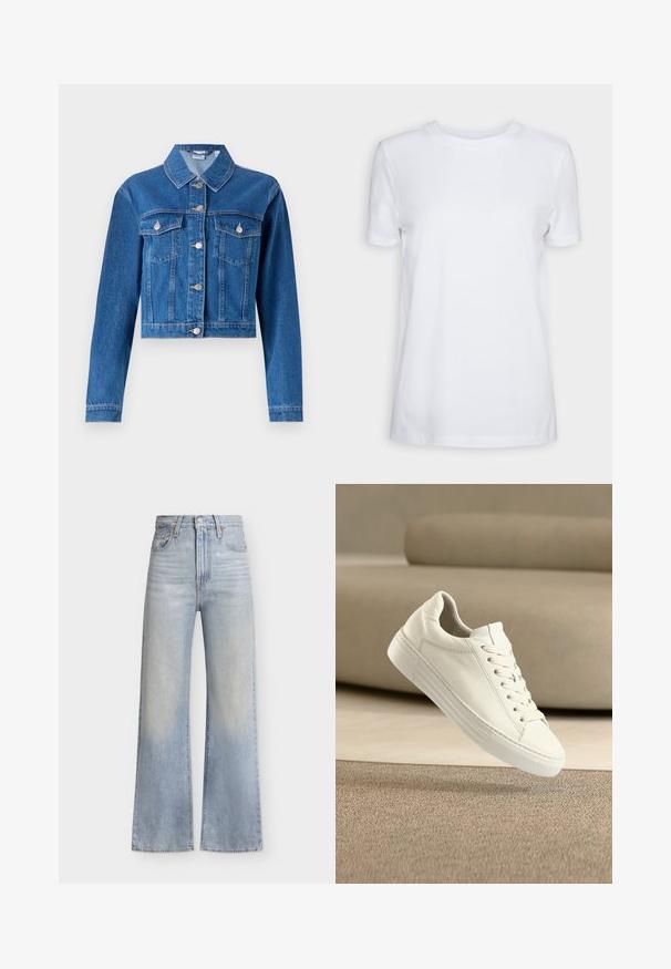 Veste en denim bleue avec un design court, fermeture à boutons, deux poches poitrine et accents en métal argenté. Texture lisse.; T-shirt blanc uni à manches courtes, col rond, coupe régulière, avec une petite étiquette à l’intérieur du col indiquant "SELECTED FEMME."; Jean large à taille haute bleu clair avec fermeture à boutons et fermeture éclair à l'avant, poches avant et détails subtils délavés.; Baskets en cuir blanc au design classique, avec fermeture à lacets, semelle en caoutchouc plate et détails texturés. Esthétique épurée et minimaliste.