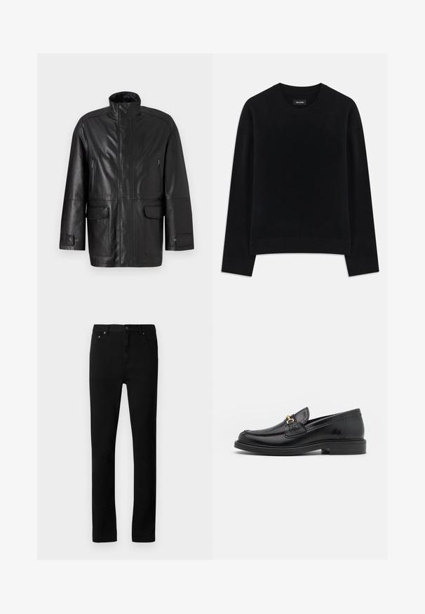 Chaqueta de cuero negro con cuello alto, bolsillo en el pecho con cremallera y dos bolsillos frontales con solapa. Cuenta con una textura suave y un diseño de corte recto.; Suéter negro hecho de tela suave, con cuello redondo, mangas largas, corte relajado y dobladillo acanalado. Diseño simple y sólido sin patrones.; Jeans de mezclilla negra con corte recto, diseño de cinco bolsillos, detalles de herrajes metálicos y una textura suave y opaca.; Mocasines de cuero negro con punta redondeada, que cuentan con un detalle de herrajes dorados y costuras, situados sobre una suela de goma texturizada y baja.