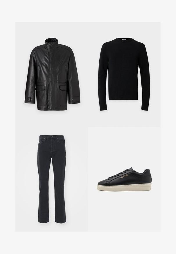 Veste en cuir noir avec col haut, poche zippée sur la poitrine et deux poches à rabat à l'avant. Présente une texture lisse et un design droit.; Pull noir à manches longues avec col rond, ourlet et poignets côtelés sur un fond gris clair uni.; Jeans en denim noir avec une coupe droite, comportant cinq poches et une fermeture à bouton. Le tissu a une texture subtile et une finition robuste.; Sneaker en cuir noir avec une finition lisse, semelle crème contrastante, bout arrondi, logo doré sur le côté et six œillets pour les lacets.