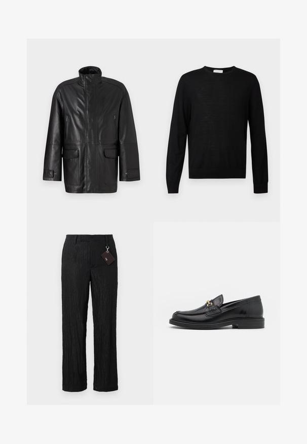 Veste en cuir noir avec col haut, poche zippée sur la poitrine et deux poches à rabat à l'avant. Présente une texture lisse et un design droit.; Pull noir à manches longues en tissu doux, avec un col rond, des poignets côtelés et un ourlet droit. Design minimaliste, sans motifs.; Pantalons larges en noir texturé, avec une finition lisse et des coutures visibles ; comprend une étiquette attachée par une boucle en métal argenté.; Mocassins en cuir noir avec un embout rond, présentant des accents en métal doré et des détails de couture, montés sur une semelle en caoutchouc texturé et basse.