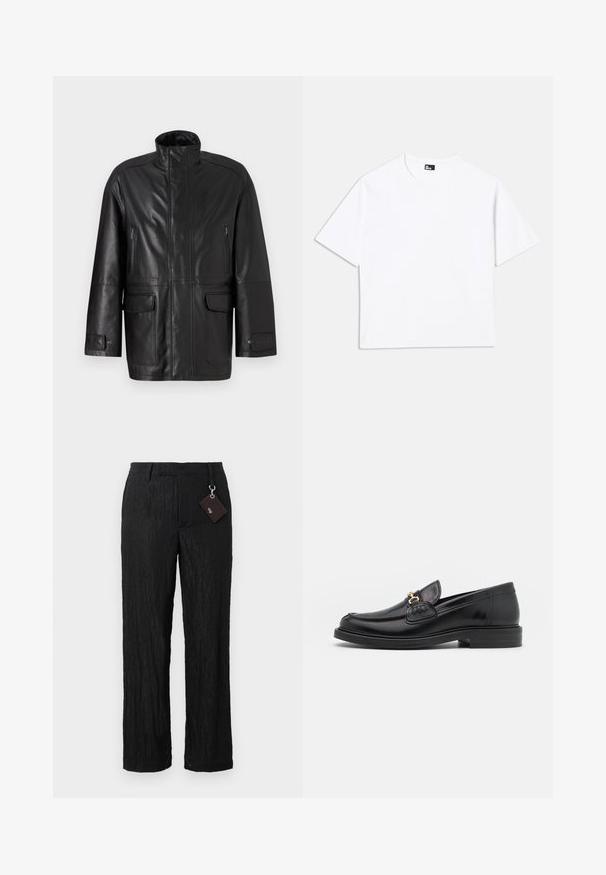 Chaqueta de cuero negro con cuello alto, bolsillo en el pecho con cremallera y dos bolsillos frontales con solapa. Cuenta con una textura suave y un diseño de corte recto.; Camiseta blanca de manga corta hecha de algodón. Presenta un cuello redondo clásico, un corte relajado y no tiene patrones ni gráficos visibles.; Pantalones negros de pierna ancha, texturizados, con un acabado suave y costuras visibles; incluye una etiqueta unida por un lazo de metal plateado.; Mocasines de cuero negro con punta redondeada, que cuentan con un detalle de herrajes dorados y costuras, situados sobre una suela de goma texturizada y baja.