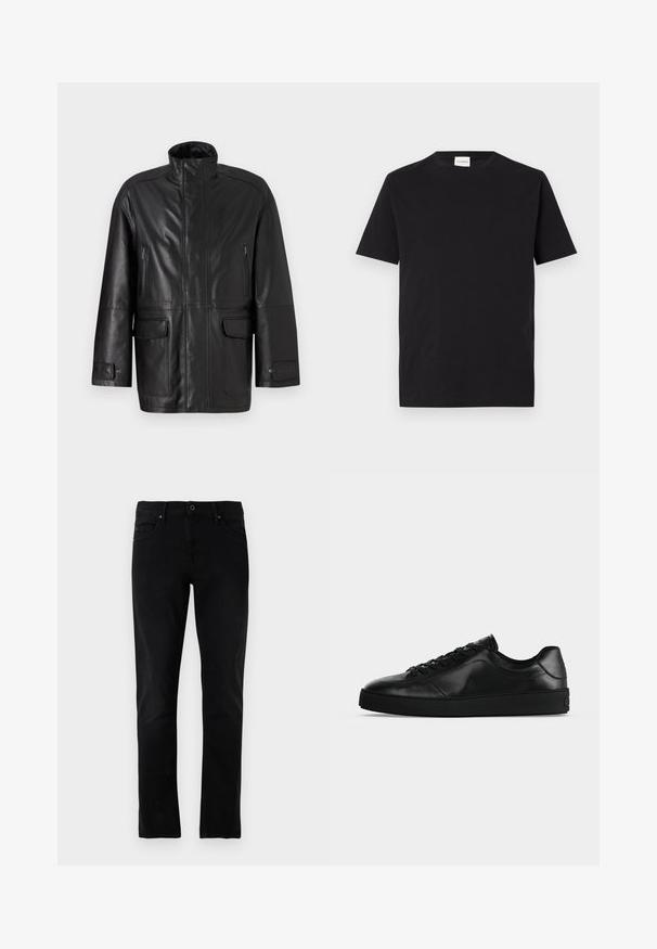Chaqueta de cuero negro con cuello alto, bolsillo en el pecho con cremallera y dos bolsillos frontales con solapa. Cuenta con una textura suave y un diseño de corte recto.; Camiseta de algodón negra con cuello redondo y mangas cortas. Presenta un corte recto y un diseño minimalista, con una etiqueta visible en el cuello.; Jeans de mezclilla negra con un diseño de pierna recta, estilo de cinco bolsillos y una cinturilla estándar, con detalles de costura sutiles.; Zapatilla de cuero negra de perfil bajo con cordones en la parte delantera y suela plana texturizada, mostrada de lado sobre un fondo neutro.