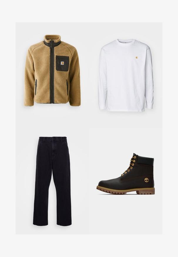Tan fleece jack met een zwarte ritssluiting op de borst en bijpassende zijzakken. Heeft een hoge kraag en een textiele stof voor extra warmte.; Witte lange mouwen t-shirt van katoen. Voorzien van een klein gouden logo op de borst en een ronde hals. Eenvoudig ontwerp en standaard pasvorm.; Zwarte denim broek met een rechte pijpdesign, voorzien van een knoop- en ritssluiting, riemlussen en minimale stikdetails.; Zwarte leren enkellaars met gouden oogjes, bruine accenten en een rubberen zool. Heeft een gevoerde kraag en geperst logo aan de zijkant.