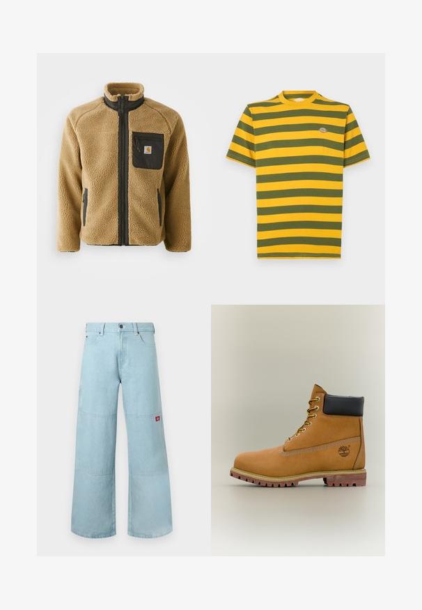 Tan fleece jack met een zwarte ritssluiting op de borst en bijpassende zijzakken. Heeft een hoge kraag en een textiele stof voor extra warmte.; T-shirt met korte mouwen in gele en groene horizontale strepen, met een ronde halslijn en een klein logodetail op de borst. Gemaakt van katoen.; Lichtblauwe jeans met wijde pijpen van denim met contrasterende patches. Voorzien van een knoopsluiting aan de voorkant en een klein logoplaatje op het zijzakje.; Bruine leren enkellaars met zwarte kraag, gele veters en een zandkleurige zool. Voorzien van een logo en witte stikseldetails. Robuuste loopzool met grip.