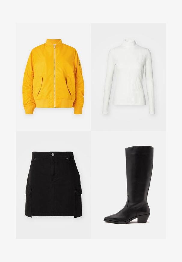 Veste bomber jaune avec une fermeture éclair à l'avant, col et poignets côtelés, deux poches latérales et une poche zippée sur la manche. Tissu lisse et brillant.; Haut col roulé blanc à côtes avec des manches longues, fabriqué en tissu extensible. Présente un design ajusté et un encolure haute pour plus de couverture.; Jupe en denim noir avec une silhouette ajustée, fermeture à boutons sur le devant et deux poches cargo sur les côtés. Conçue avec des détails cousus.; Botte en cuir noire mi-mollet avec un bout pointu et un talon bas incliné sur un fond clair uni.