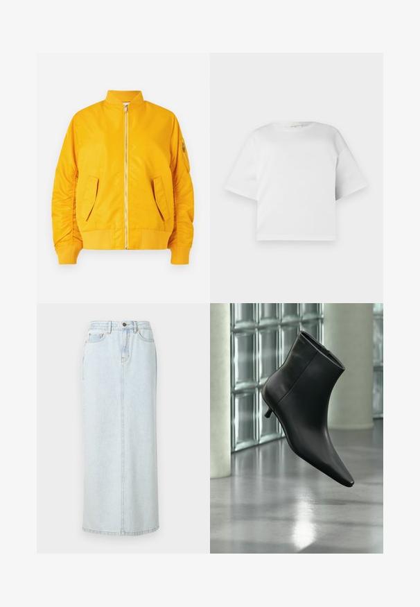 Veste bomber jaune avec une fermeture éclair à l'avant, col et poignets côtelés, deux poches latérales et une poche zippée sur la manche. Tissu lisse et brillant.; T-shirt blanc court en coton lisse, avec un col rond et des manches courtes et larges. Design simple et épuré sans motifs visibles.; Jupe maxi en denim bleu clair avec un design droit, fermeture à boutons sur le devant et couture visible. Elle comporte deux poches avant.; Bottine en cuir noir à bout pointu et petit talon kitten, présentée en angle devant un sol poli et un mur en blocs de verre.