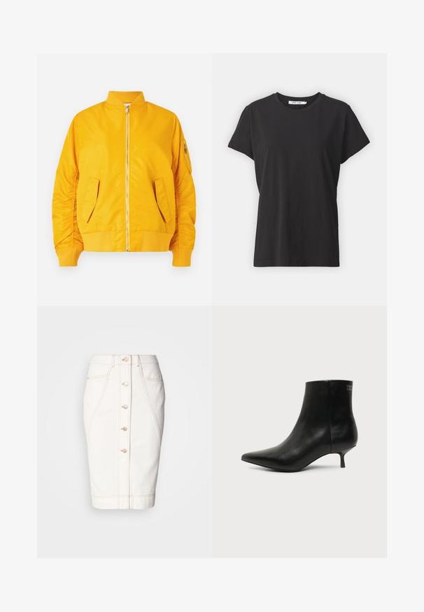 Veste bomber jaune avec une fermeture éclair à l'avant, col et poignets côtelés, deux poches latérales et une poche zippée sur la manche. Tissu lisse et brillant.; T-shirt en coton noir avec un col rond classique, des manches courtes et une coupe décontractée. Texture lisse, sans motifs ni accents visibles.; Jupe en denim blanc avec un bouton à l'avant, couture visible et une silhouette crayon. Pas de poches visibles. Texture lisse.; Bottine en cuir noir avec bout pointu et petit talon kitten sur fond clair, vue côté extérieur.