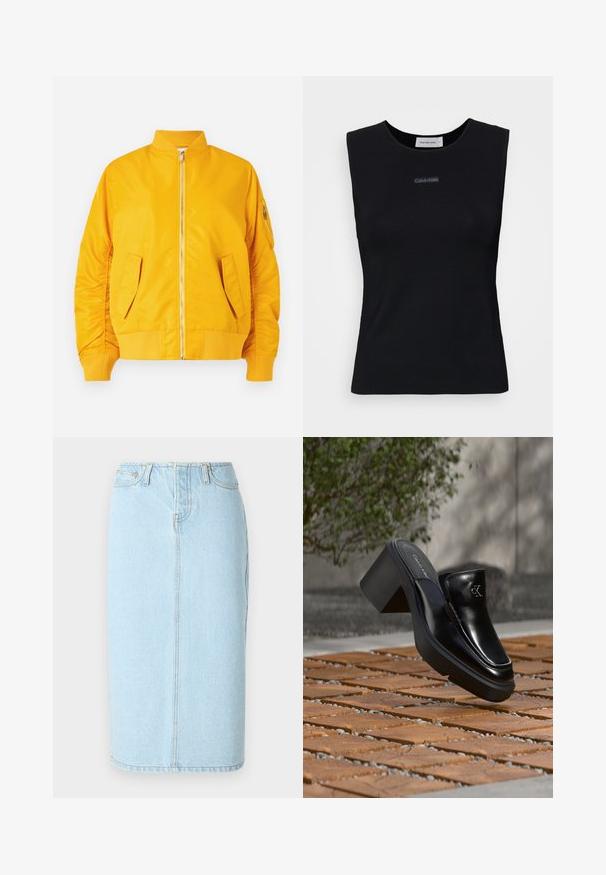 Veste bomber jaune avec une fermeture éclair à l'avant, col et poignets côtelés, deux poches latérales et une poche zippée sur la manche. Tissu lisse et brillant.; Top sans manches noir en tissu lisse. Doté d'un col rond et d'un petit logo Calvin Klein au centre. Design simple et ajusté.; Jupe crayon en denim bleu clair avec taille haute, design à cinq poches et détails de couture subtils le long des coutures.; Mule slip-on en cuir noir Calvin Klein avec talon bloc reposant sur des carreaux en bois à l'extérieur près d'une plante verte et d'un mur gris.
