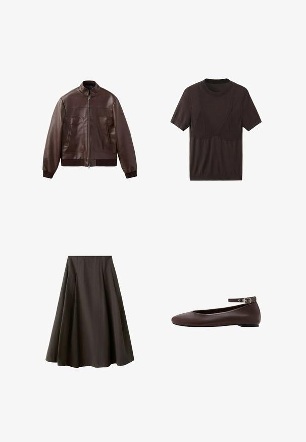 Veste aviateur en cuir marron foncé avec poignets et ourlet côtelés, fermeture éclair frontale et deux poches verticales zippées.; Haut en maille à manches courtes de couleur brun foncé avec un col rond et des détails côtelés texturés évoquant la forme d'un soutien-gorge sur la poitrine.; Jupe noire trapèze à taille haute avec ourlet évasé, fabriquée en tissu lisse, présentée sur fond blanc.; Chaussure plate marron foncé avec bout arrondi et bride de cheville réglable avec boucle argentée sur fond blanc.