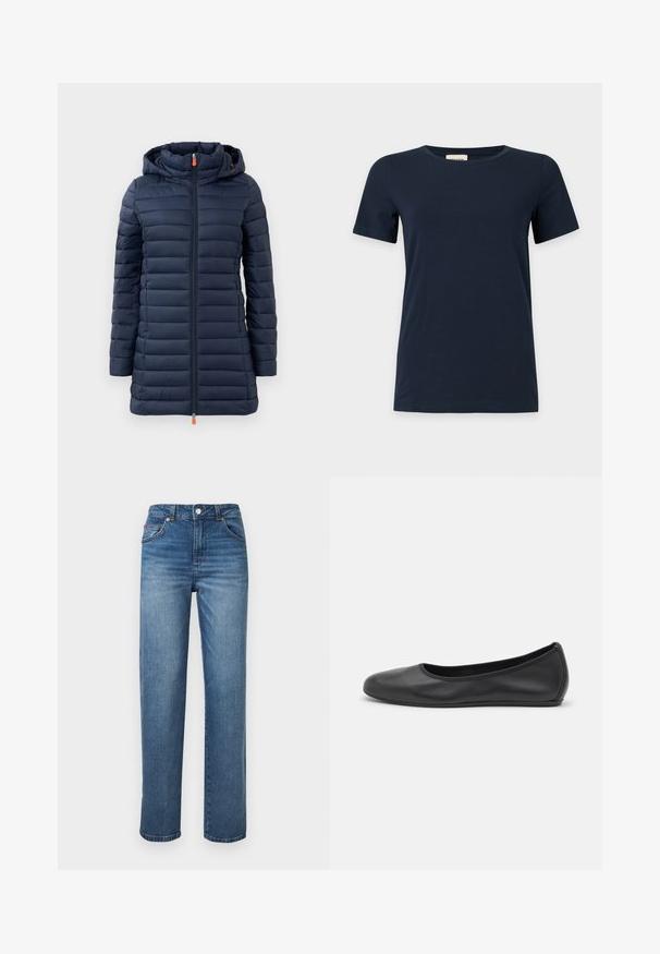 Veste matelassée bleu marine avec capuche, présentant des sections matelassées horizontales, une fermeture éclair intégrale et un tirette de fermeture éclair orange. Texture lisse, design léger.; T-shirt bleu marine uni à manches courtes avec un col rond sur fond gris clair.; Jeans en denim bleu avec une coupe droite, taille haute, cinq poches et coutures surpiquées. Dotés d'un bouton en métal et d'une fermeture éclair.; Ballerines en cuir noir avec un bout rond, texture lisse, détails de couture minimalistes et design de semelle flexible.