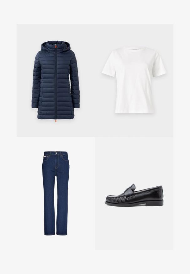 Veste matelassée bleu marine avec capuche, présentant des sections matelassées horizontales, une fermeture éclair intégrale et un tirette de fermeture éclair orange. Texture lisse, design léger.; T-shirt en coton blanc à manches courtes, col rond et coupe décontractée. Texture lisse, sans motifs ni accents, design minimaliste.; Jean droit bleu foncé avec bouton et fermeture éclair à l'avant, design à cinq poches et détails de coutures visibles.; Mocassins en cuir noir avec un bout arrondi, une couture distinctive et une bride décorative sur le cou-de-pied. Finition lisse et talon bas.