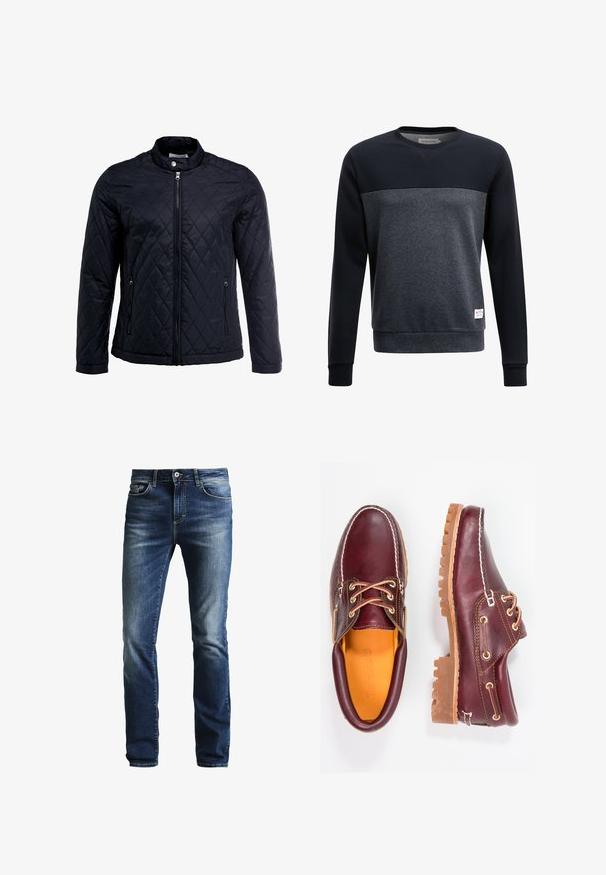 Veste noire matelassée avec col montant, fermeture éclair sur toute la longueur et deux poches latérales. Fabriquée en tissu lisse et léger avec un motif en losanges.; Sweatshirt bleu marine et gris foncé avec un col rond, des manches longues et des poignets côtelés. Présente une texture subtile et un petit patch logo.; Jeans en denim bleu foncé avec un lavage délavé, coupe droite, design à cinq poches et fermeture à bouton argenté. Présente des coutures contrastées.; Chaussures en cuir bourgogne avec semelles en caoutchouc marron, bout rond, couture blanche et œillets dorés. L'intérieur présente une doublure jaune.
