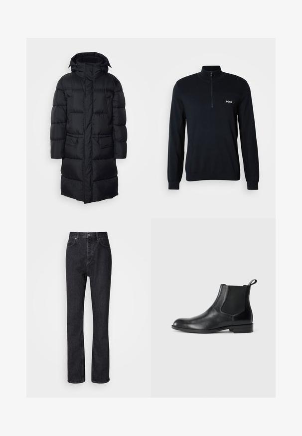 Schwarze Pufferjacke mit Kapuze, Reißverschluss und zwei Fronttaschen, mit gestepptem Futter und einer glatten, leichten Außenseite.; Marineblauer Pullover mit hohem Kragen und halbem Reißverschluss. Das Material ist weich und hat eine strukturierte Oberfläche. Auf der Brust befindet sich ein kleines weißes "BOSS"-Logo.; Hochtaillierte schwarze Jeans aus Denim mit Knopf- und Reißverschluss, Vorder- und Hintertaschen sowie einer geraden Passform.; Schwarze Leder-Stiefelette mit elastischen Seiteneinsätzen, abgerundeter Zehenpartie und einem Zugschlauf. Glatte Textur, flache Sohle, minimalistisches Design.