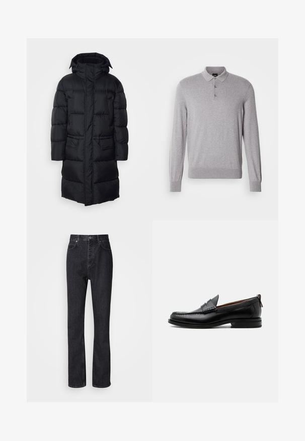 Schwarze Pufferjacke mit Kapuze, Reißverschluss und zwei Fronttaschen, mit gestepptem Futter und einer glatten, leichten Außenseite.; Graues langärmeliges Poloshirt aus weichem Stoff mit Kragen, Drei-Knopf-Leiste sowie Rippbündchen an Ärmeln und Saum.; Hochtaillierte schwarze Jeans aus Denim mit Knopf- und Reißverschluss, Vorder- und Hintertaschen sowie einer geraden Passform.; Schwarzer Leder-Herrenschuh mit Mokassinnaht, Penny-Riemen, strukturiertem Kragen und niedrigem gestapeltem Absatz auf weißem Hintergrund.