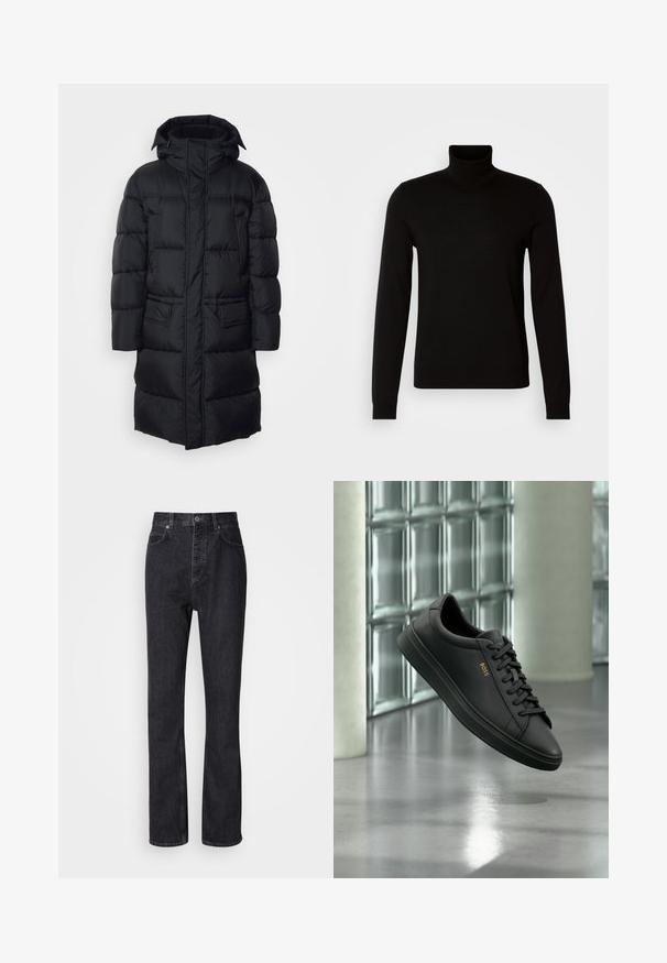 Sort pufferjakke med hætte, lynlås lukning og to frontlommer, med kviltet polstring og en glat, let ydre.; Sort turtleneck sweater lavet af et fint strikket stof, der har lange ærmer og en tætsiddende silhuet. Glat tekstur med ribbede manchetter.; Høj talje sorte denim jeans med knap- og lynlåsåbning, for- og baglommer samt lige ben.; Sort lavtopet lædersneaker med sorte snørebånd og gyldent BOSS-logo på siden, svævende over en blank grå gulv i et moderne indendørs rum.