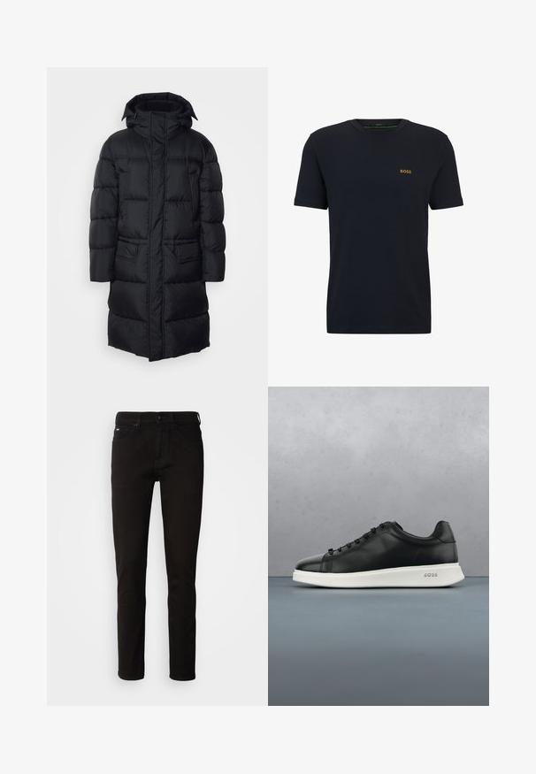 Schwarze Pufferjacke mit Kapuze, Reißverschluss und zwei Fronttaschen, mit gestepptem Futter und einer glatten, leichten Außenseite.; Marineblaues Baumwoll-T-Shirt mit kurzen Ärmeln, Rundhalsausschnitt und kleinem goldenen "BOSS"-Logo auf der Brust. Glatte Textur, lässiger Stil.; Schwarze Denim-Jeans mit geradem Bein, Reißverschluss und einem Fünf-Taschen-Design. Der Stoff hat eine glatte Textur ohne sichtbare Muster.; Schwarze Leder-Sneaker mit weißer strukturierten Sohle, runder Zehenpartie und sechs Ösen. Verfügt über dezente Markenkennzeichnung an der Ferse. Insgesamt glatte Oberfläche.