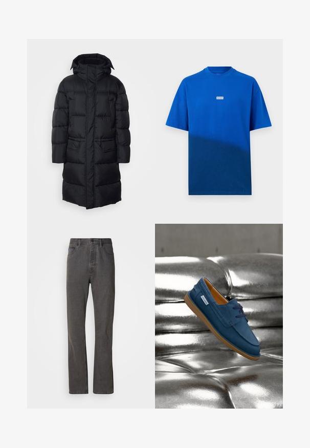 Schwarze Pufferjacke mit Kapuze, Reißverschluss und zwei Fronttaschen, mit gestepptem Futter und einer glatten, leichten Außenseite.; Blaues T-Shirt mit kurzen Ärmeln und Rundhalsausschnitt, mit einem kleinen weißen rechteckigen Logo mit der Aufschrift "HUGO" in der Mitte der Brust vor einfarbigem Hintergrund.; Graue Denim-Jeans im geraden Schnitt, mit frontalen Taschen, einem Knopfverschluss und subtiler Textur.; Blauer Wildleder-Slipper mit hellbrauner Sohle und schwarzen Schnürsenkeln, der über einer glänzenden silbernen, metallischen, gesteppten Oberfläche schwebt.