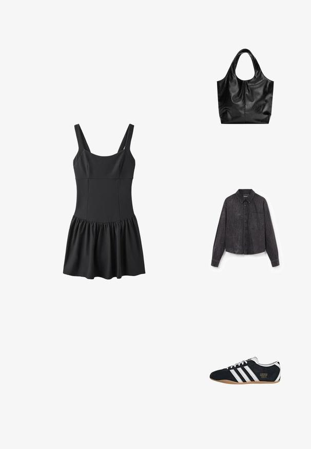 Chemise noire cropped à rayures verticales, fermeture à boutons, une poche poitrine unique, et un tissu texturé avec un léger éclat.; Robe noire sans manches avec corsage ajusté et jupe froncée sur fond blanc.; Sneakers en suede noir avec trois bandes blanches, logo doré et semelle en caoutchouc marron. Présente un design à lacets à profil bas.; Sac fourre-tout en cuir noir avec une texture lisse, un haut arrondi doux et de larges poignées. Présente une couture minimale et une silhouette décontractée.