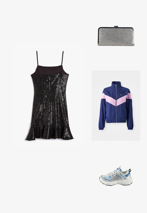 Navy sinapu säärjakk ku pinkide chevron-ribadega, lukuga ees, seisva kraega ja elastsete mansettidega. Kerge, sile materjal. Nike logo rinnal.; Mustat olkaimeton mekko, jossa on kimalluksia, omaa istuvan bodyn ja levenevän, röyhelöisen helman alaosassa. Sileä kangas alla.; Valkoset ja siniset verkkokankaiset lenkkarit, joissa on hopeisia yksityiskohtia, rohkeita viivoja ja paksu valkoinen pohja, jossa on tekstuurisia yksityiskohtia.; Suorakulmainen hopeanvärinen iltalaukku, joka on koristeltu pienillä strasseilla ja siinä on musta-hopeinen metallikehys sekä lukitus.