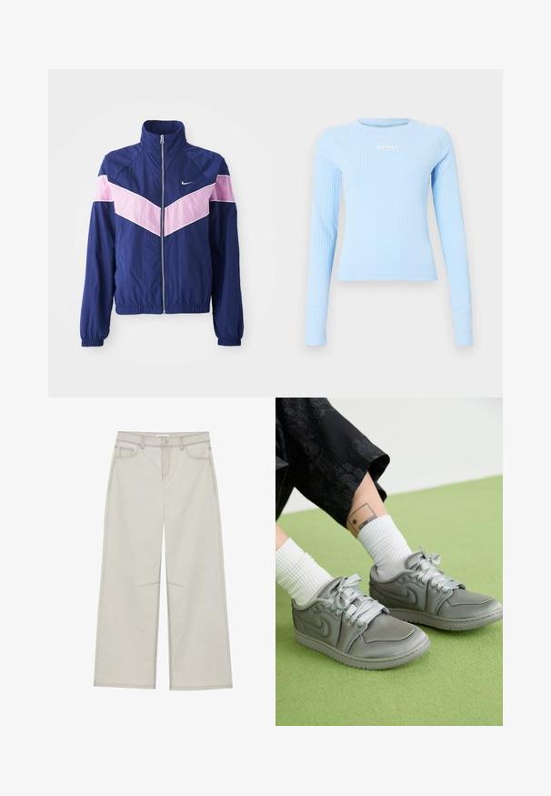 Navy Windbreaker-Jacke mit pinken Chevron-Streifen, Reißverschluss vorne, Stehkragen und elastischen Bündchen. Leichtes, glattes Material. Nike-Logo auf der Brust.; Hellblaue, gerippte, langärmelige, taillierte Bluse mit Rundhalsausschnitt und kleinem weißen "jordan"-Logo auf der Brust.; Hellgraue, weit geschnittene Hose mit fünf Taschen, vorderem Knopfverschluss und kontrastierenden Nähten. Der Stoff wirkt weich und langlebig.; Jordan AIR JORDAN 1 LOW METHOD OF MAKE - Sneaker low - medium grey